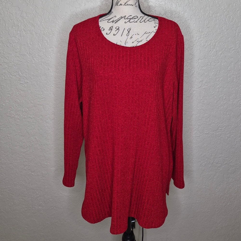 Calvin Klein Womens 2X Red Metallic Ribbed Knit Long Sleeve Scoop Neck Top